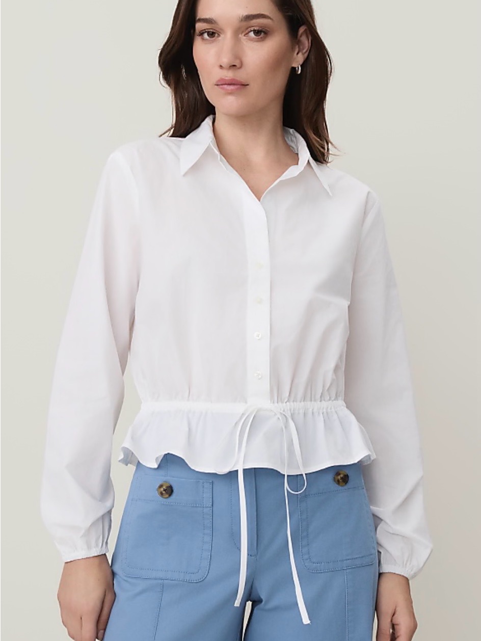 Ann Taylor White Drawstring Peplum Button-Down Shirt